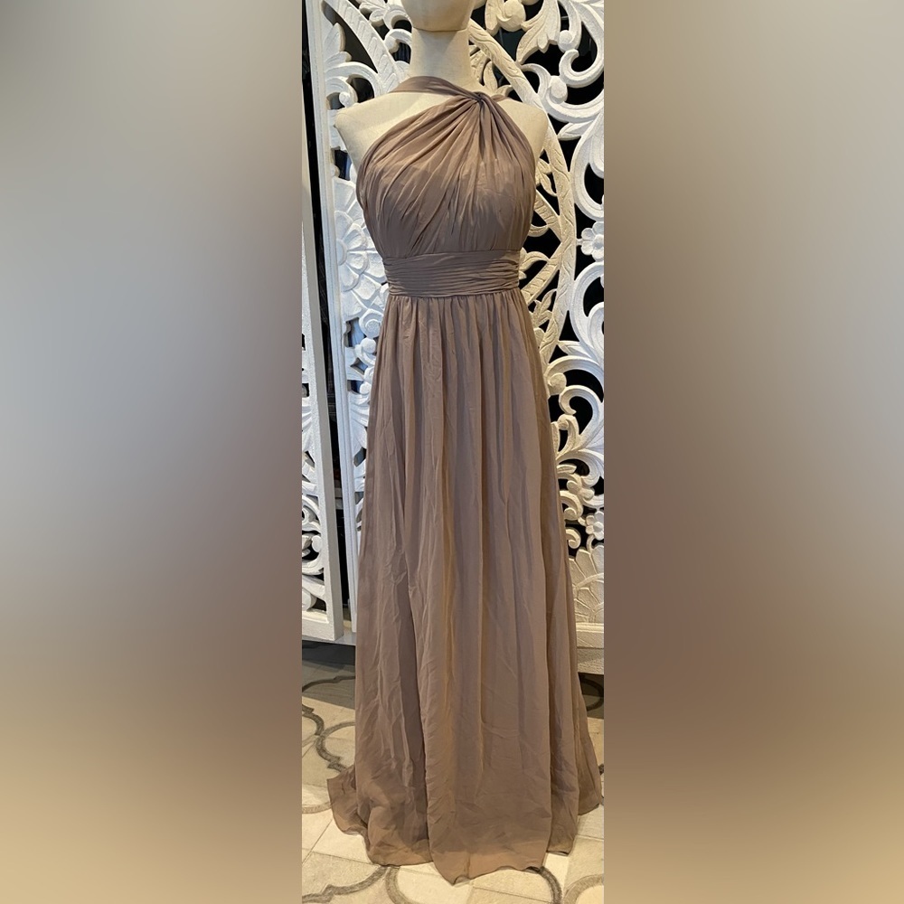 REVELRY Y-Neck Long Mesh Crepe Dress in Almond